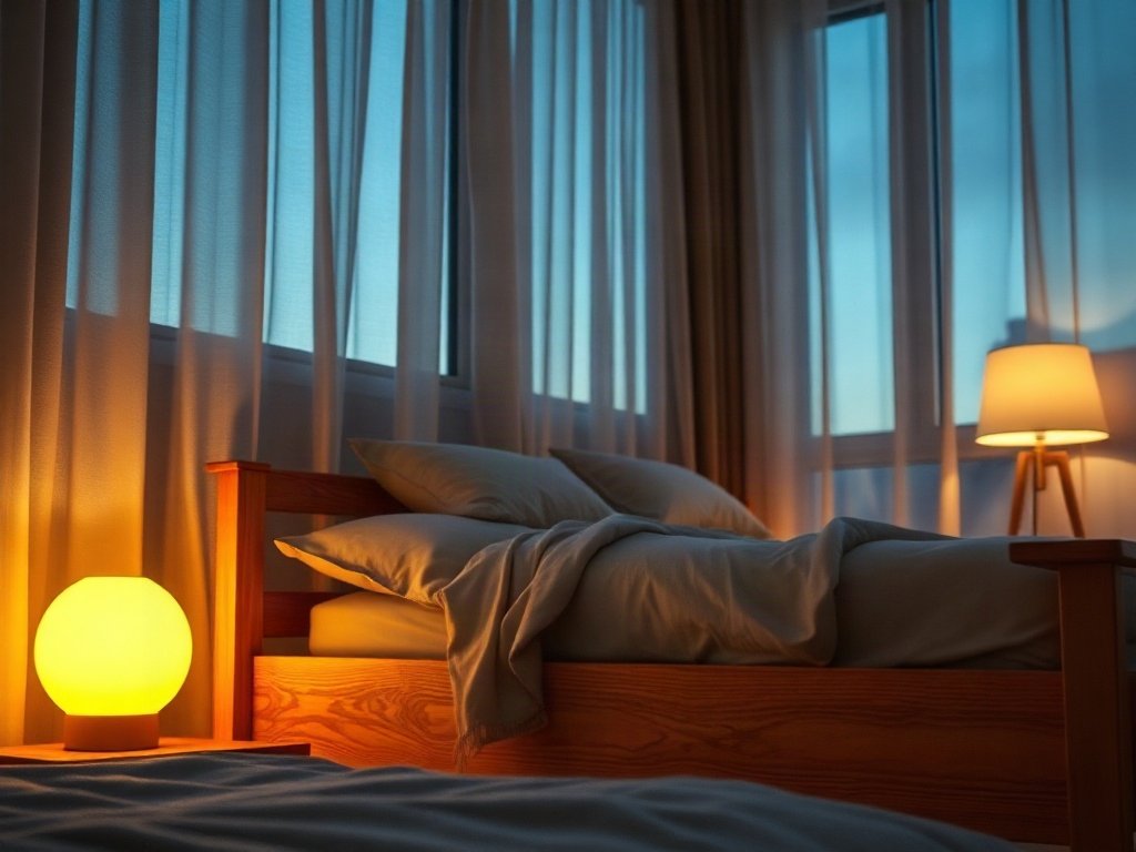 7 Cách Bày Trí Giường Ngủ Theo Phong Thủy Để Tăng Cường Tài Lộc Ánh đèn ngủ vàng ấm chiếu nhẹ bên giường gỗ tự nhiên lúc chạng vạng