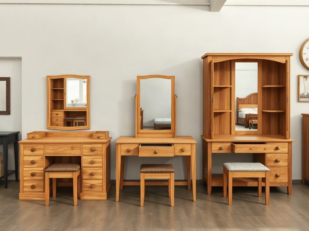 Mua bàn trang điểm giá rẻ chất lượng có bảo đảm Ba kiểu dáng bàn trang điểm khác nhau trưng bày trong showroom nội thất
