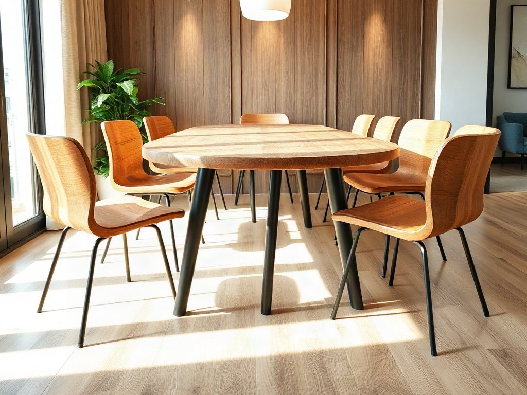 Bàn ăn 8 ghế gỗ phối chân sắt phong cách hiện đại