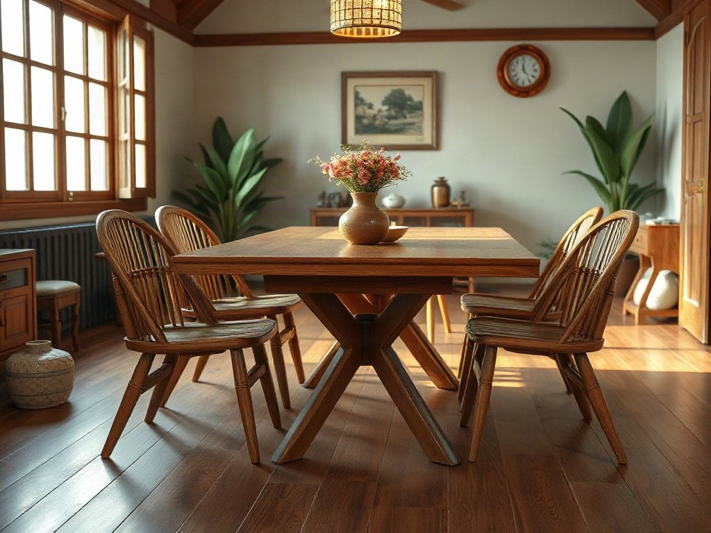 Bàn Ăn Gỗ Tự Nhiên 6 Ghế Chân Chữ V - Đẹp & Bền Vững Bàn ăn chân chữ V phong cách Indochine ấm áp
