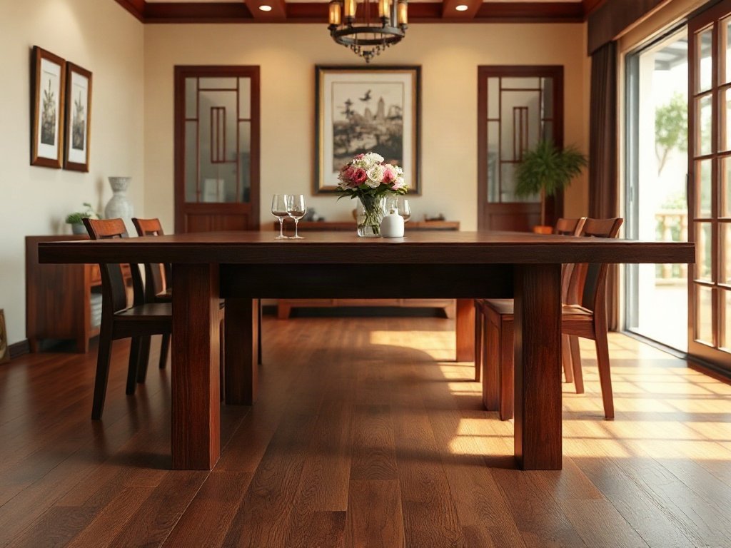 Địa chỉ bán bàn ăn gỗ quận 3 đẹp và đa dạng mẫu mã Bàn ăn gỗ căm xe màu nâu đỏ đặt trong phòng ăn phong cách truyền thống
