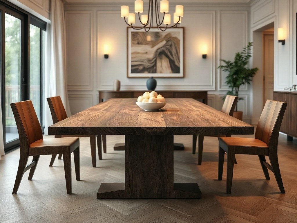 5 ưu điểm bàn ăn gỗ so với bàn kính trong không gian sống Bàn ăn gỗ cao cấp vân gỗ óc chó đậm màu sang trọng