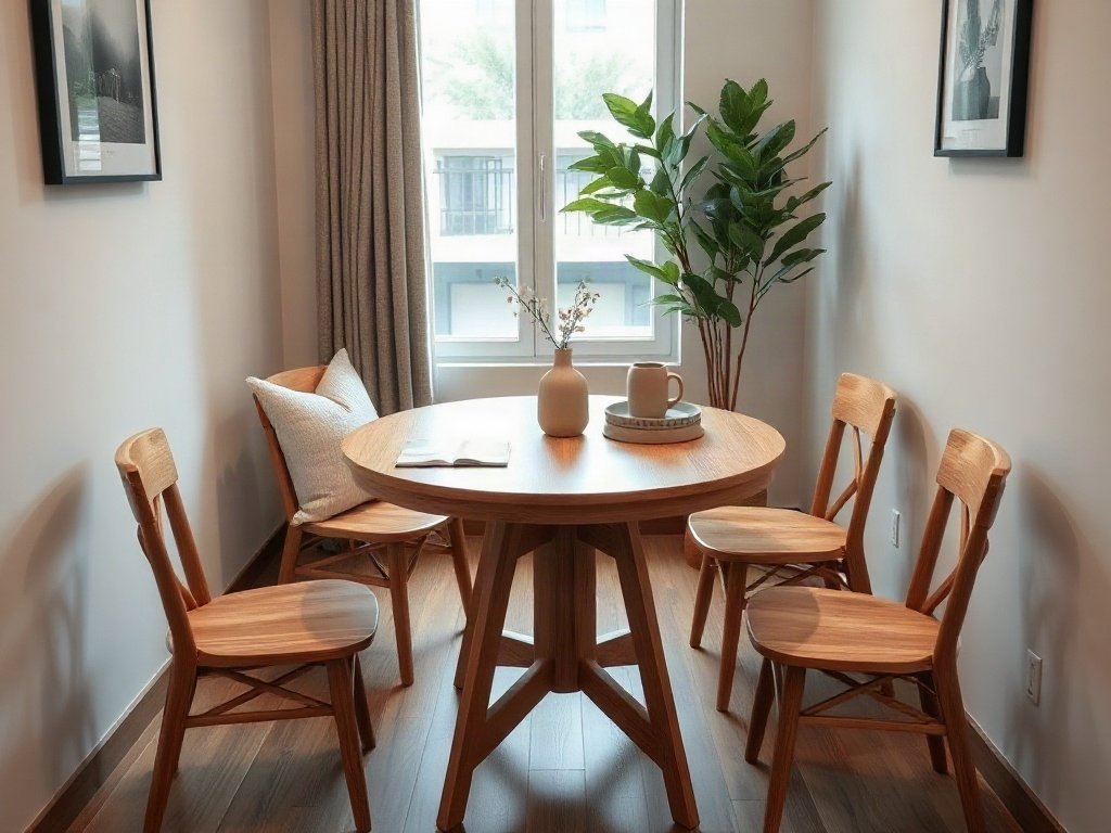 Mua bàn ăn gỗ tại quận 4 giá tốt thiết kế sang trọng Bàn ăn gỗ tròn nhỏ gọn đặt trong góc bếp căn hộ hiện đại