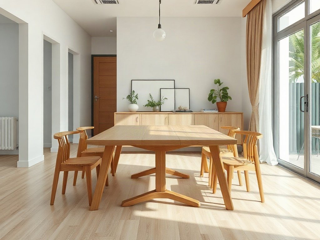 5 ưu điểm bàn ăn gỗ so với bàn kính trong không gian sống Bàn ăn gỗ tự nhiên đặt trong căn hộ hiện đại đầy đủ ánh sáng