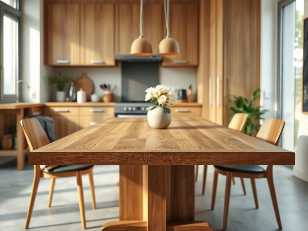 Bàn ăn và tủ bếp gỗ nguyên khối trong bếp gia đình Việt