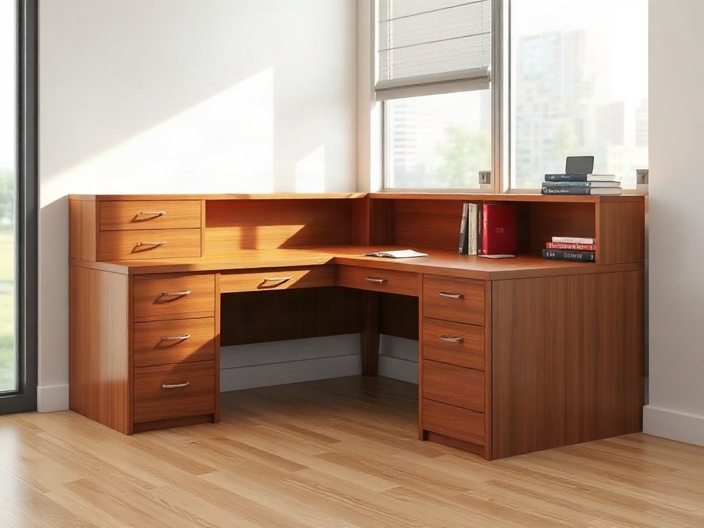 Mẫu Bàn Giám Đốc Đẹp – Thể Hiện Đẳng Cấp Lãnh Đạo Bàn giám đốc đẹp dáng chữ L có tủ hồ sơ liền khối góc phòng
