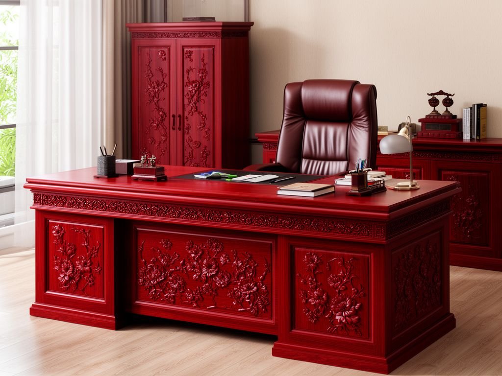 Bàn Làm Việc Giám Đốc Gỗ Gõ Đỏ Đẳng Cấp - Chuẩn Phong Thủy Bàn giám đốc gỗ gõ đỏ chạm hoa văn truyền thống kết hợp tủ gỗ