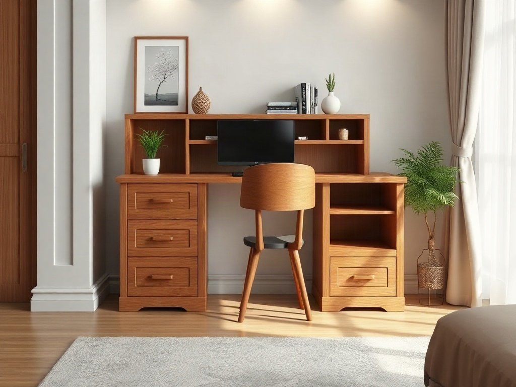 Bàn học cho bé cao cấp gỗ tự nhiên có kệ sách và ngăn kéo
