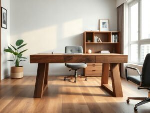 Bàn làm việc bằng gỗ cao cấp gỗ óc chó nguyên khối trong phòng làm việc hiện đại