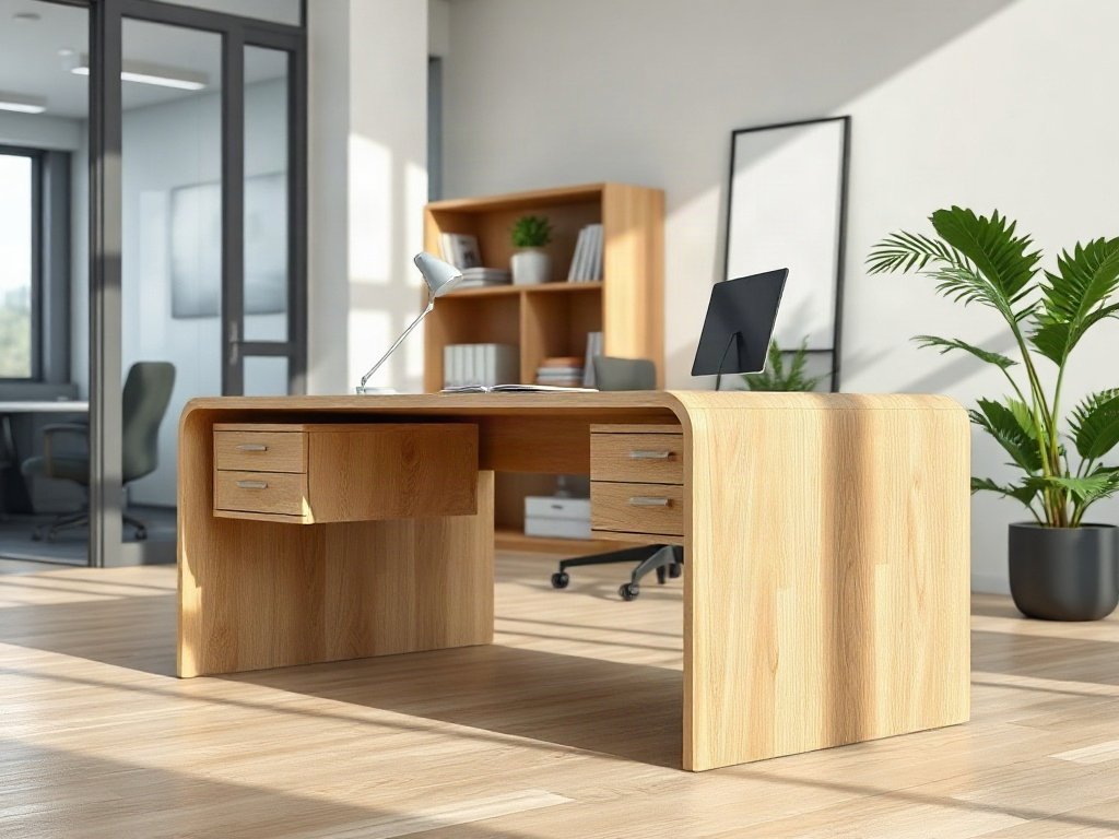 Bàn làm việc giám đốc đẹp mặt cong chân kim loại trong văn phòng sáng