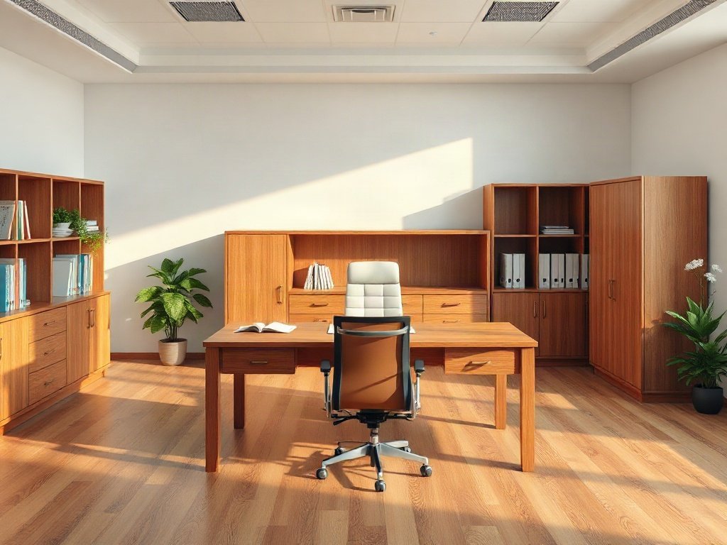Bàn làm việc giám đốc gỗ tự nhiên đặt giữa phòng giám đốc rộng rãi