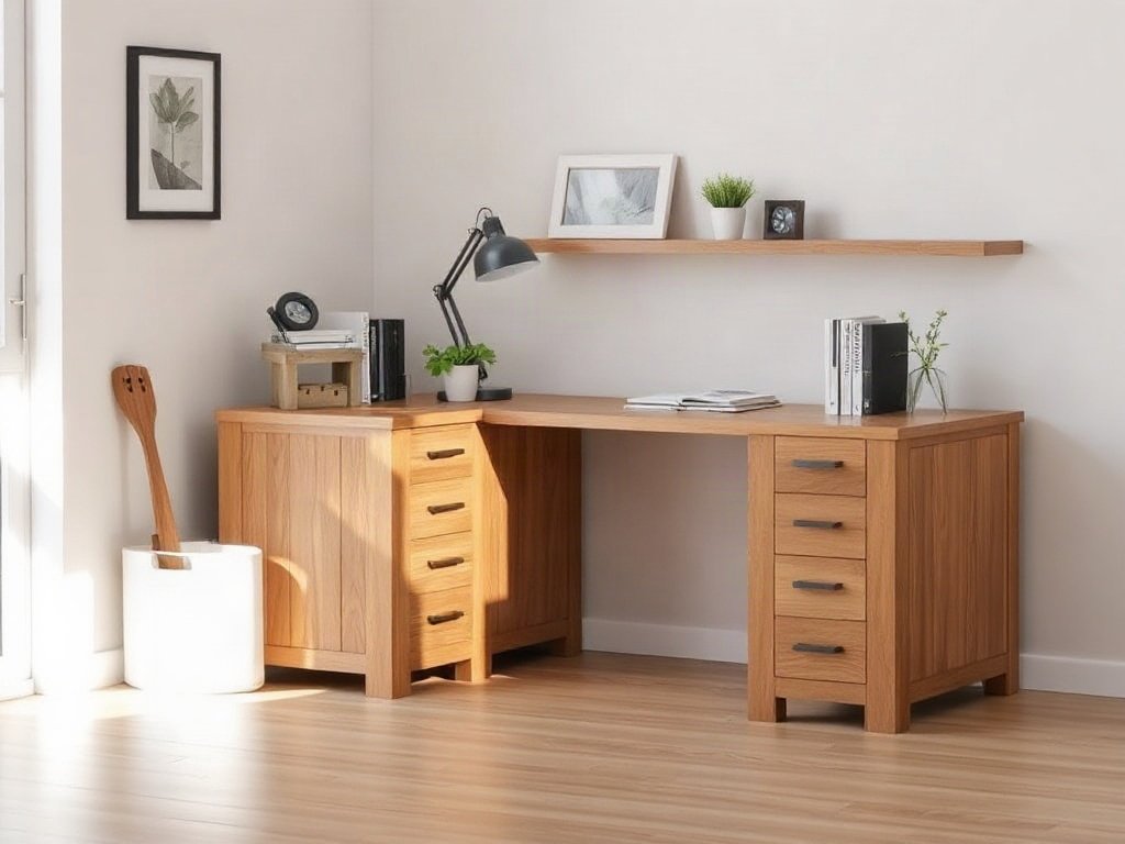 Bàn Làm Việc Tại Nhà Gỗ Sồi Lau Màu Óc Chó Đẹp Bền Bàn làm việc gỗ sồi chữ L lau màu óc chó góc phòng