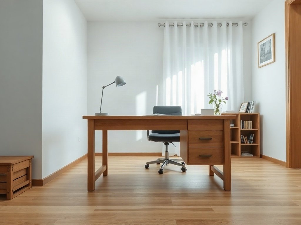 Bàn làm việc gỗ sồi tự nhiên đặt trong căn hộ sáng sủa hiện đại