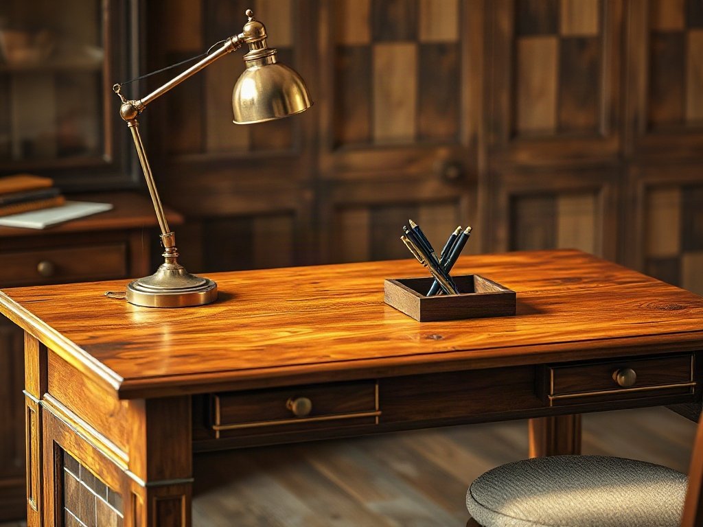 6 ý tưởng decor bàn làm việc phong cách ấn tượng nhất hiện nay Bàn làm việc phong cách vintage với đèn đồng và khay gỗ mộc