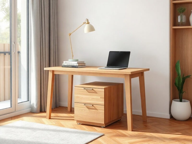 Bàn làm việc tại quận 1 bằng gỗ tự nhiên đặt cạnh cửa sổ sáng
