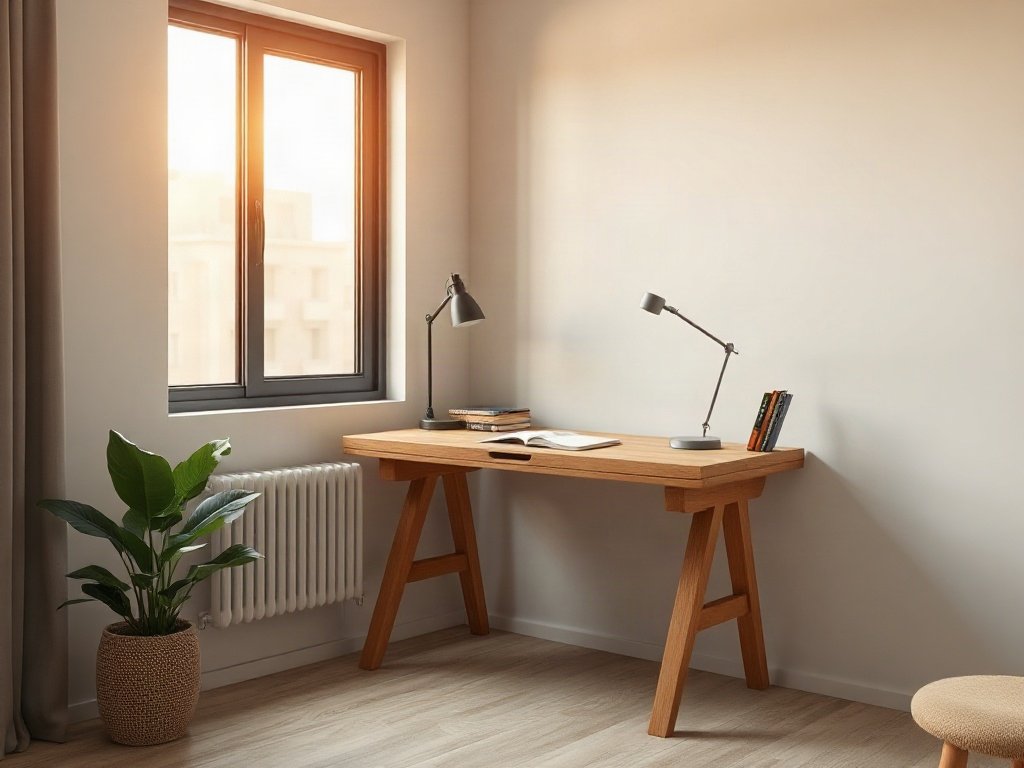 Bàn làm việc tại quận 1 gỗ tự nhiên đặt góc phòng căn hộ nhỏ