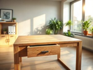 Bàn làm việc tại TPHCM bằng gỗ tự nhiên đặt trong phòng làm việc hiện đại