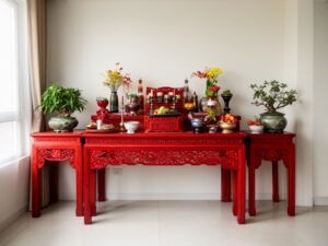 Bàn thờ chung cư gỗ gõ đỏ nhỏ gọn phong thủy treo tường phòng khách