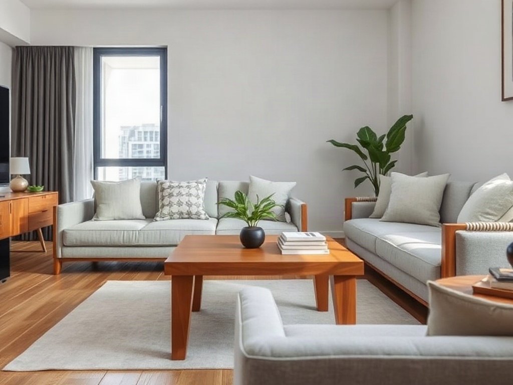 Bàn trà và sofa gỗ tự nhiên phong cách tối giản trong căn hộ