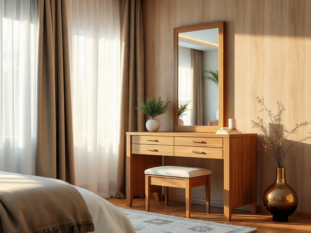Mua bàn trang điểm giá rẻ chất lượng có bảo đảm Bàn trang điểm cao cấp gỗ sồi đặt trong phòng ngủ hiện đại nhiều ánh sáng