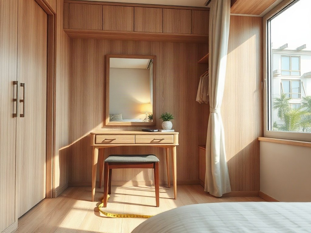 Mua bàn trang điểm giá rẻ chất lượng có bảo đảm Bàn trang điểm gấp gọn đặt trong phòng ngủ nhỏ đo đạc không gian kê bàn