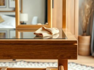 Bàn trang điểm gỗ tự nhiên có mặt kính vừa được làm sạch kính sáng bóng