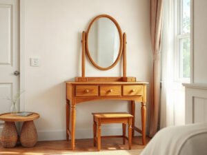 Bàn trang điểm gỗ tự nhiên giá rẻ đặt cạnh cửa sổ phòng ngủ ấm áp