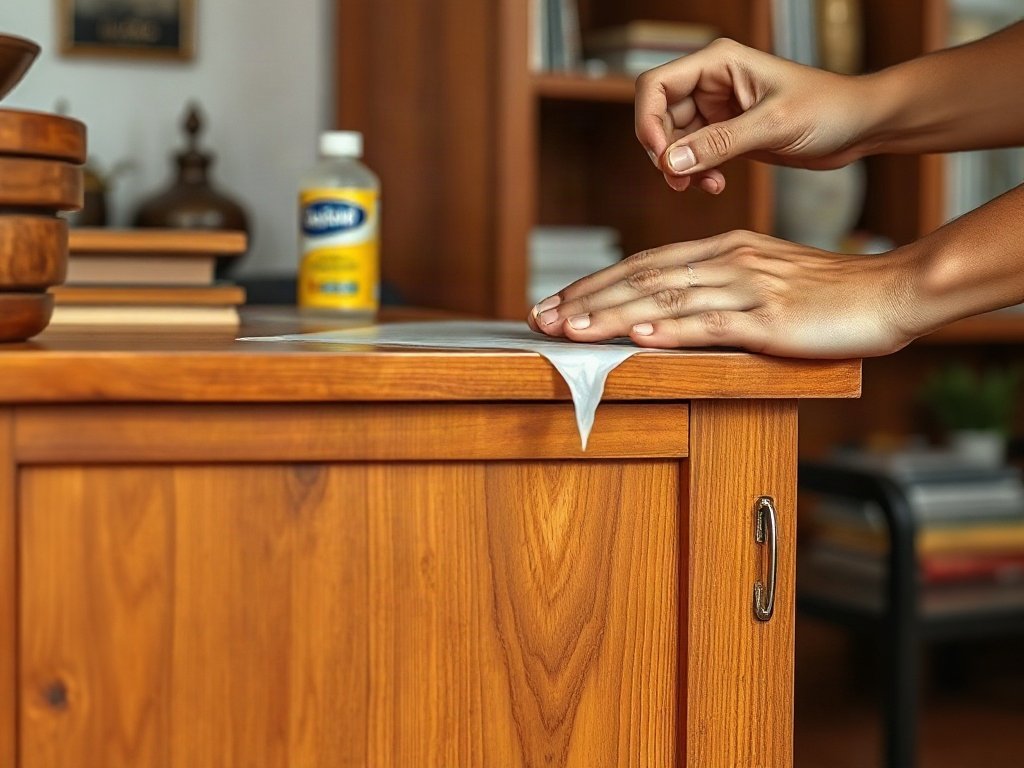 Bề mặt tủ gỗ tự nhiên đang được đánh bóng bảo dưỡng