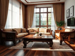 Bộ bàn ghế sang trọng gỗ tự nhiên đặt trong phòng khách hiện đại