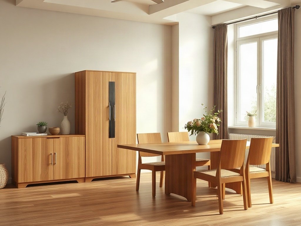 Bộ bàn ghế và tủ đồ gỗ cao cấp đặt trong phòng khách hiện đại