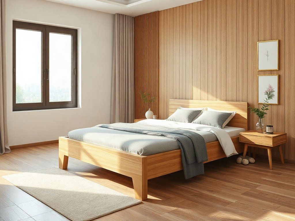 Bộ giường ngủ gỗ xoan đào kiểu hiện đại trong phòng tối giản