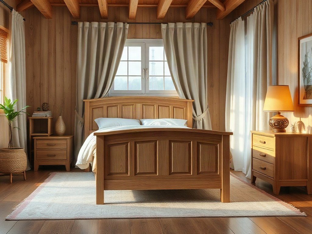 Bộ phòng ngủ gỗ Bộ phòng ngủ gỗ phối rèm thảm đèn ngủ tạo không gian ấm cúng