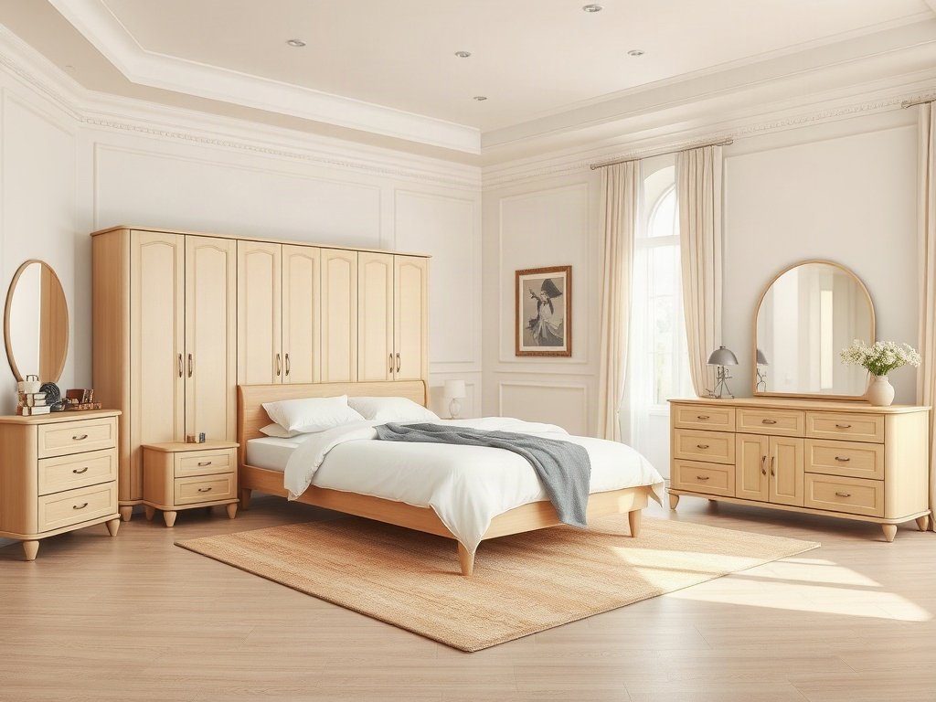 Bộ phòng ngủ gỗ tự nhiên tân cổ điển bố trí cân đối