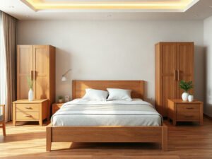 Bộ phòng ngủ gỗ tự nhiên với giường tủ táp đồng bộ trong phòng ngủ hiện đại