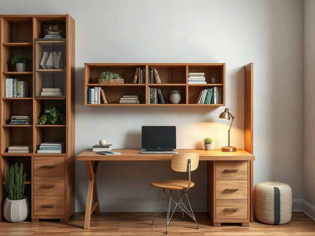 Bàn Làm Việc Tại Nhà Gỗ Sồi Lau Màu Óc Chó Đẹp Bền Bố trí bàn làm việc gỗ sồi lau màu óc chó cùng kệ sách
