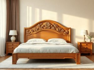 Cách bày trí giường ngủ theo phong thủy với giường gỗ tự nhiên kê sát tường vững chãi