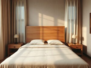 Cách bố trí giường ngủ giúp giấc ngủ sâu hơn với giường gỗ tự nhiên tựa vách