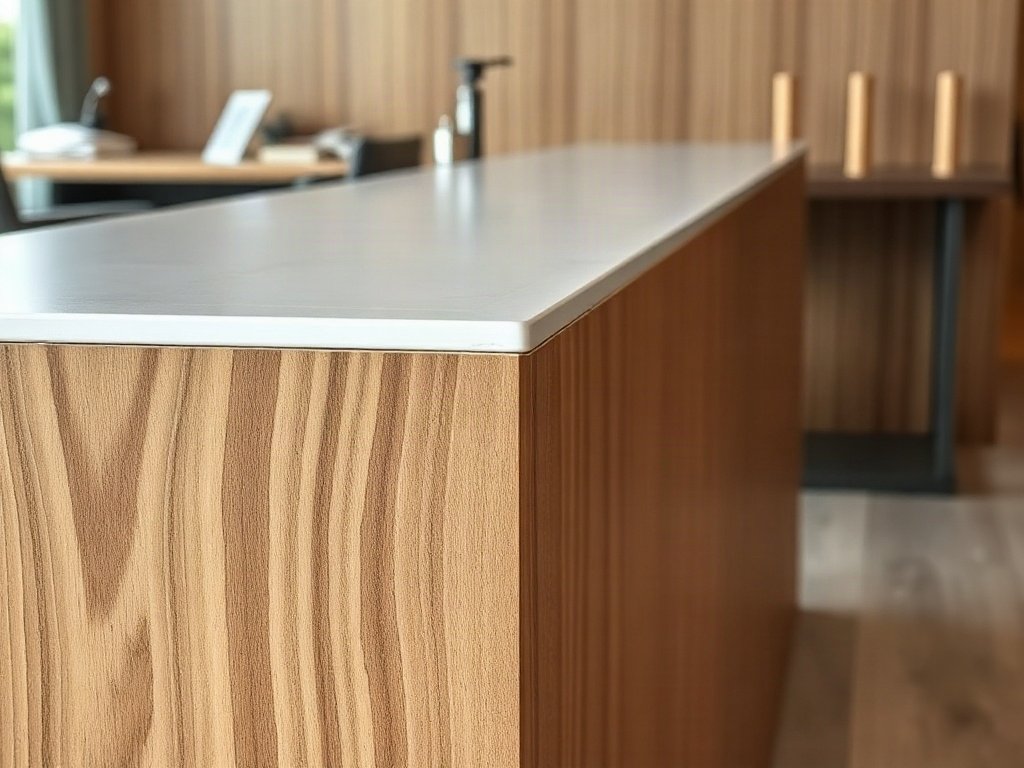 Giá bán quầy lễ tân giá rẻ TPHCM năm 2019 Cận cảnh cạnh ván phủ Melamine dùng làm quầy lễ tân giá rẻ