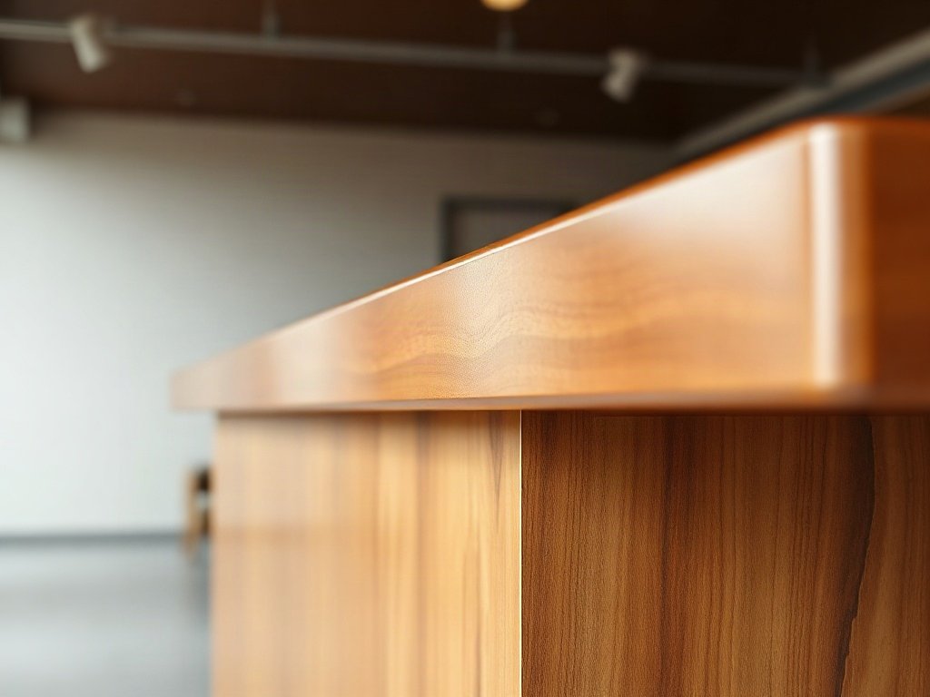 Cửa hàng quầy lễ tân quận 2 mẫu mã đa dạng Cạnh mặt quầy lễ tân gỗ phủ sơn PU bóng vân gỗ rõ nét