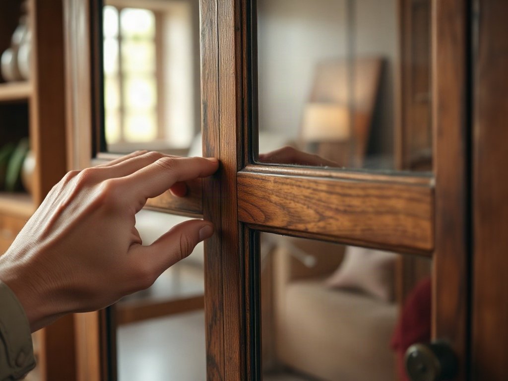 Chi tiết bản lề và kính tủ trưng bày cũ cần kiểm tra kỹ