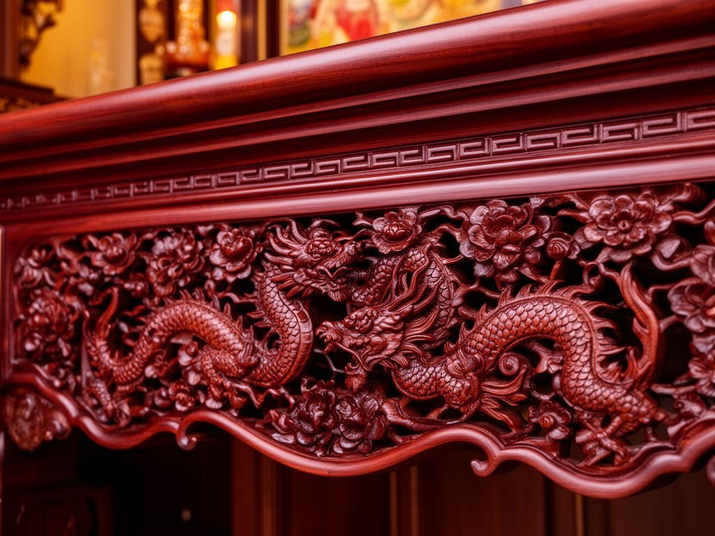 Bàn Thờ Gia Tiên 3 Tầng Gỗ Gõ Đỏ Cao Cấp - Chuẩn Phong Thủy Chi tiết chạm khắc hoa văn rồng phượng trên bàn thờ gỗ gõ đỏ