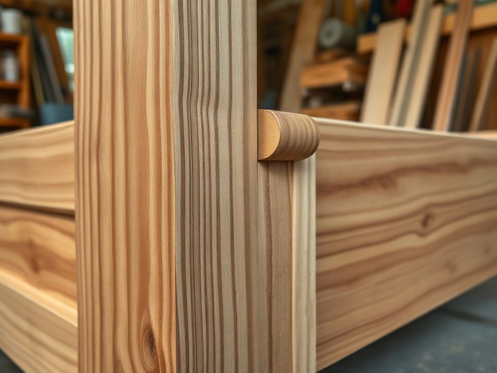 Giá đồ gỗ nội thất Chi tiết mộng âm dương trên khung giường gỗ tự nhiên chắc chắn