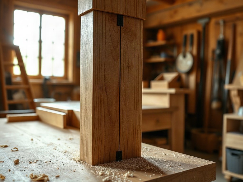 Chi tiết mộng ghép gỗ thủ công trên chân bàn tại xưởng mộc