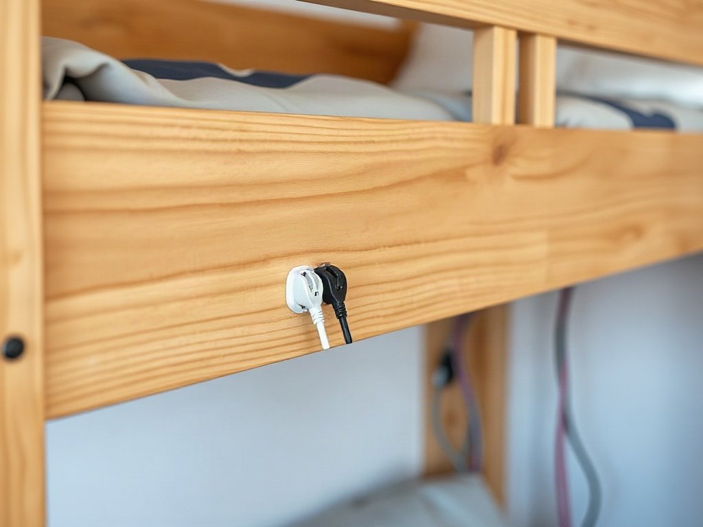 dây điện an toàn được cố định gọn trên giường tầng gỗ