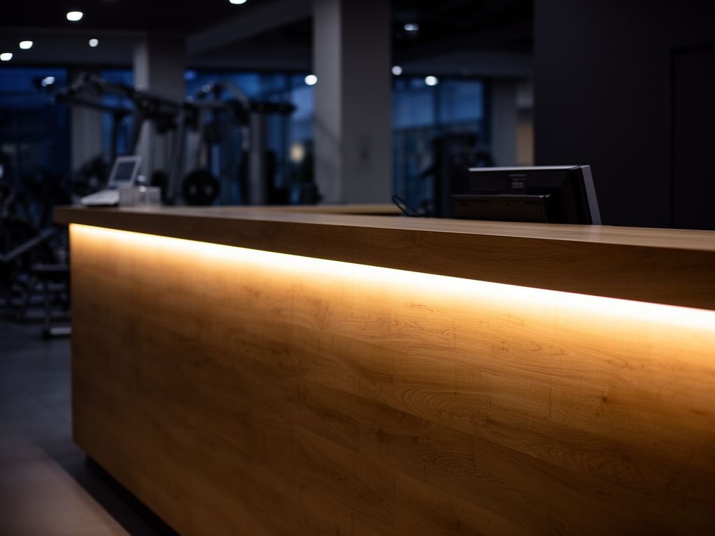 Quầy Tiếp Tân Phòng Gym Hiện Đại Khỏe Khoắn - Tư Vấn Thiết Kế Đèn LED tích hợp chân quầy tiếp tân phòng gym hiện đại