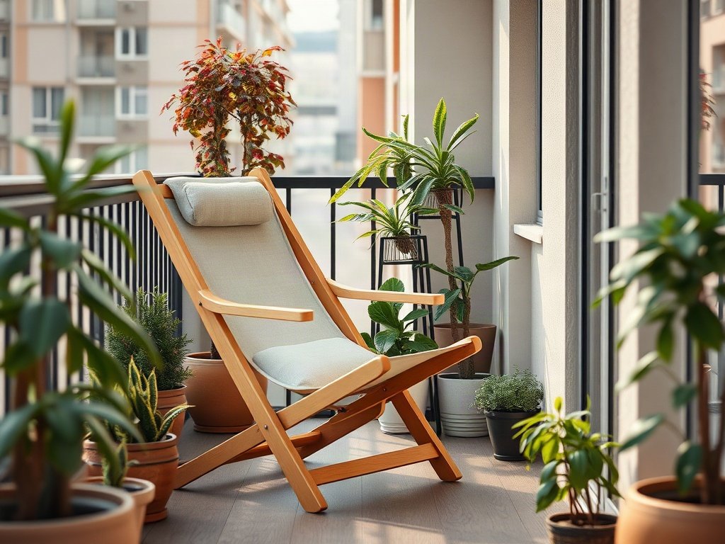 Ghế bố khung gỗ đặt tại ban công căn hộ nhỏ thư giãn