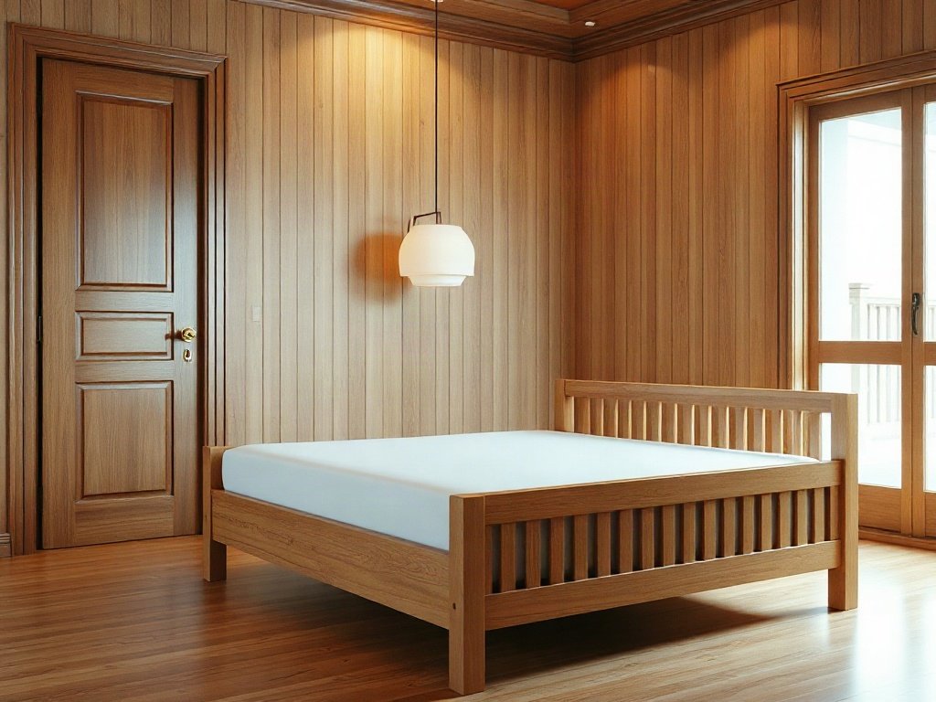 7 Cách Bày Trí Giường Ngủ Theo Phong Thủy Để Tăng Cường Tài Lộc Giường gỗ tự nhiên kê chéo góc với cửa phòng theo vị trí đặt giường chuẩn