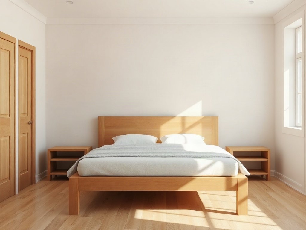 Giường gỗ tự nhiên kê tựa vách theo cách bố trí giường ngủ giúp giấc ngủ sâu hơn