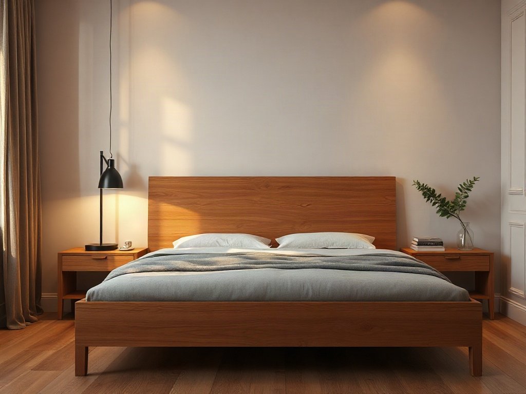 Giường ngủ gỗ tự nhiên đầu giường dày đặt trong phòng ấm cúng