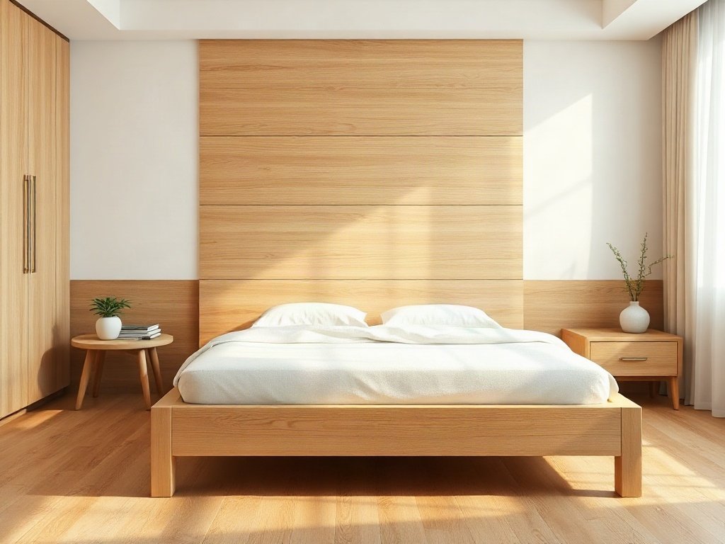 Giường ngủ gỗ tự nhiên phong cách hiện đại tối giản trong căn hộ sáng